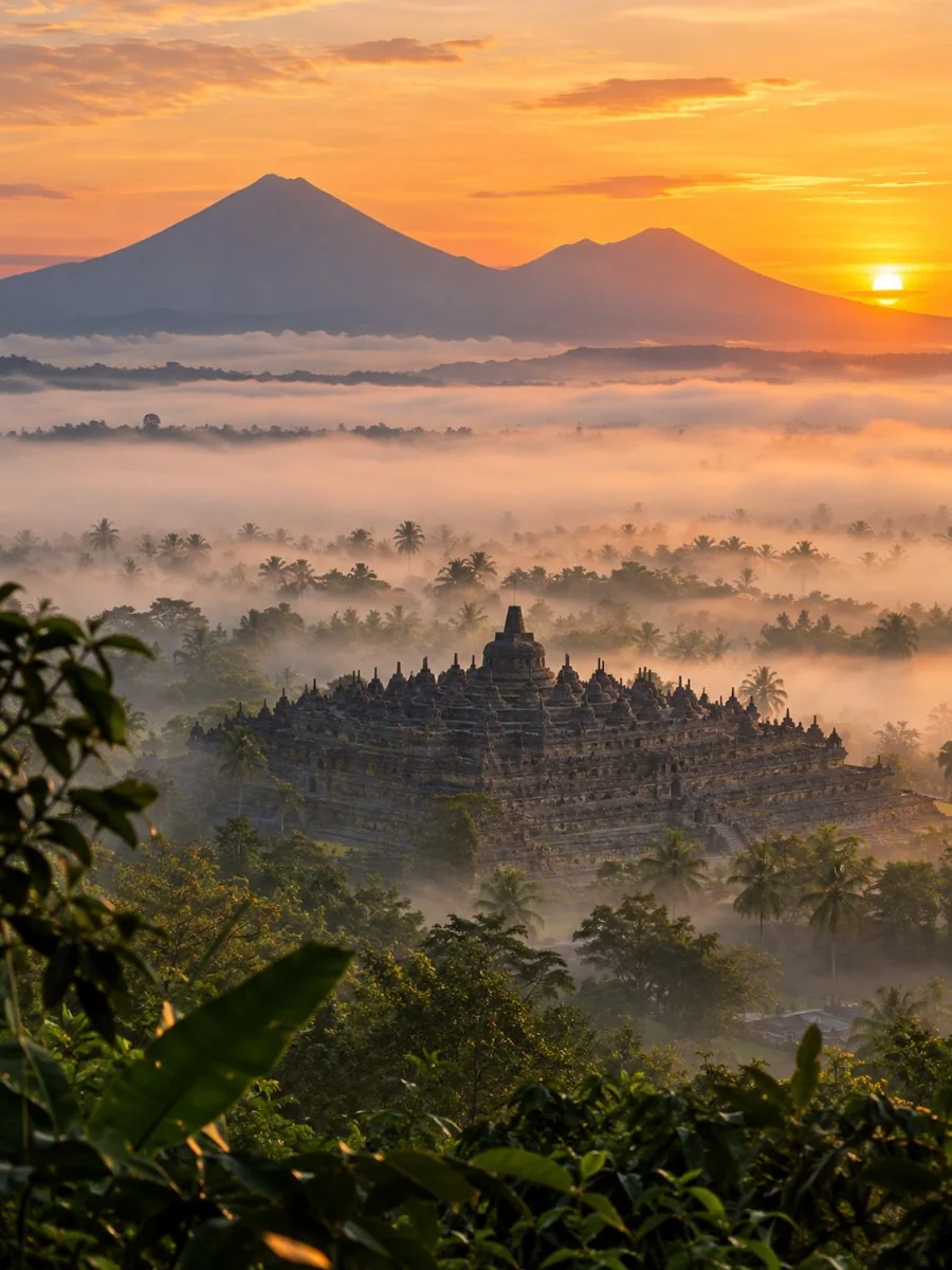 Borobudur, der aus dem Morgennebel im Tal unter dem Setumbu Hill aufragt, mit Merapi und Merbabu am Horizont