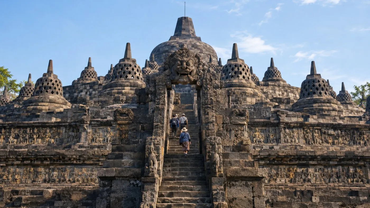 Eine steile Steintreppe in Borobudur, die durch ein geschnitztes Tor führt